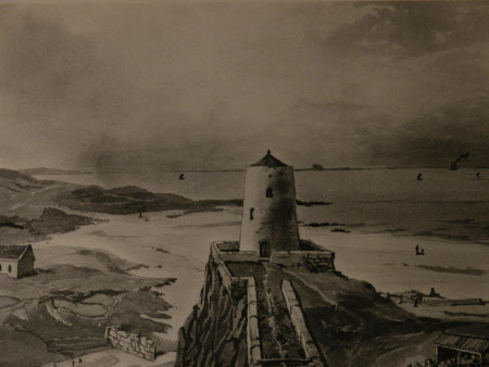 View of the mill from Bamburgh Castle with the beach and sea beyond. 