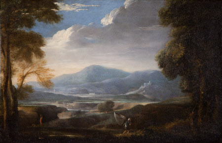 Mountain River Landscape with Fisherman carrying a Large Net