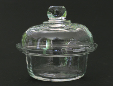 A pair of clear glass bowls with covers.