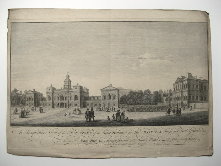 A perspective view of the west front of the royal building for His Majesty's Horse and Foot Guards, ...