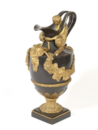 A French ewer, emblematic of Wine and Water, with seated figures of a satyr and a Triton their ...