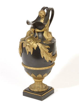 A French ewer, emblematic of Wine and Water, with seated figures of a satyr and a Triton their ...