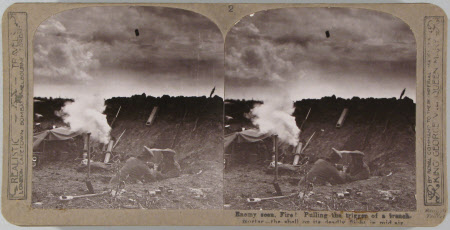 Enemy seen, Fire! Pulling the trigger of a trench-mortar - the shell on its deadly flight in mid air