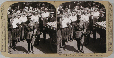 King George V (1865–1936) inspecting the shells at Holmes and Co., Ltd., Munition Works, Hull, and ...