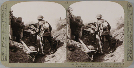 At the Bayonet's point our troops surprise a Jerry machine gunner in his den at Croiselles.