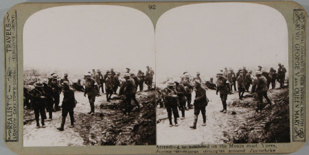 Attending to wounded on the Menin Road, Ypres, during the stiff fighting around Zonnebeke.