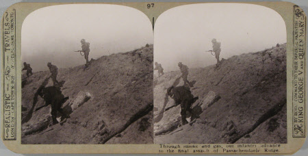 Through gas and smoke, our troops anvance to the final assault of Passchendaele Ridge.