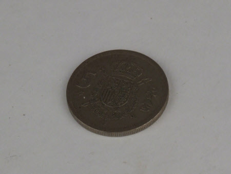 A five peseta piece - King Juan Carlos I, King of Spain (b.1938):1975.