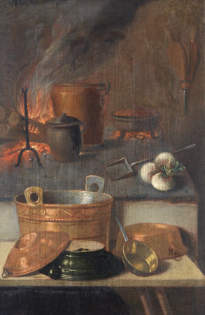 Kitchen Still Life with Pots and Pans and a Roaring Fire