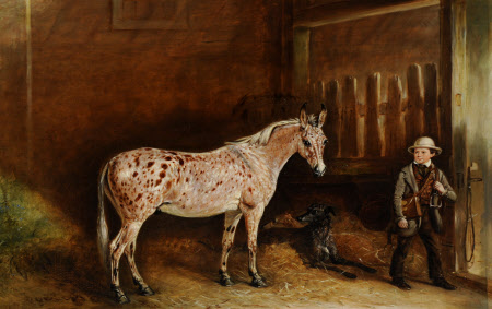 A Strawberry Mule and Two Lurchers in a Stable and a Stable Lad