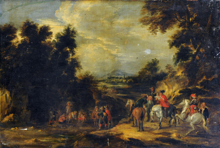 Cavaliers halting on a Roadway in a Landscape 