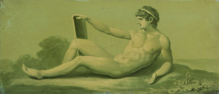 A Set of 16 Monochrome Painted Panels of Mythological Scenes: a Reclining Male Nude
