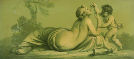 A Set of 16 Monochrome Painted Panels of Mythological Scenes: a Putto attending a Reclining Female
