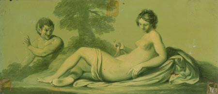 A Set of 16 Monochrome Painted Panels of Mythological Scenes: a Reclining Nude and Satyr