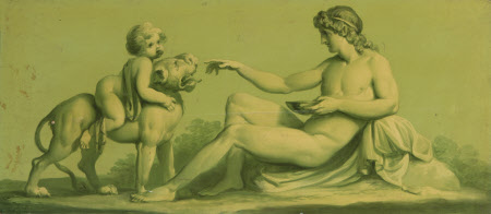 A Set of 16 Monochrome Painted Panels of Mythological Scenes: a Seated Male Nude with a Boy riding ...