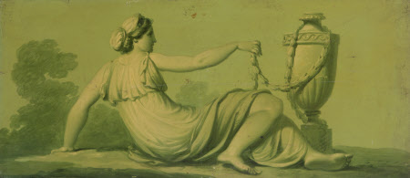 A Set of 16 Monochrome Painted Panels of Mythological Scenes: a Reclining Female Nude with an Urn 
