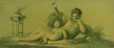 A Set of 16 Monochrome Painted Panels of Mythological Scenes: a Reclining Figure with a Child and a ...