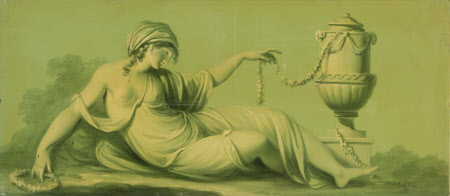 A Set of 16 Monochrome Painted Panels of Mythological Scenes: a Reclining Female with an Urn 
