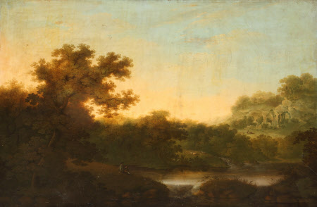 River Landscape, with Fisherman, and distant Ruins of an Abbey
