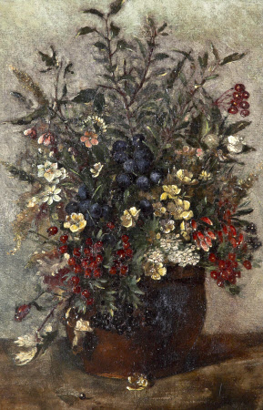 Field Flowers and Berries in a Brown Pot