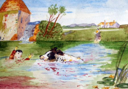 A Boy and Dog in a River