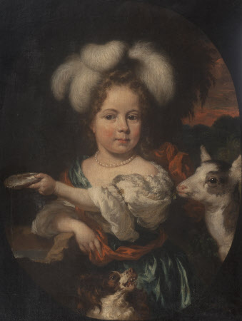A Young Girl in a Feather Headdress with a Kid