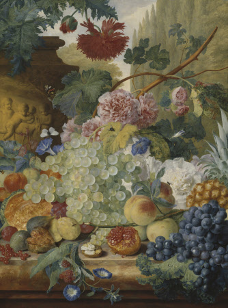 A Still Life of Flowers and Fruit upon a Ledge in a Park Setting
