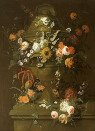 An Urn on a Plinth, garlanded with Flowers
