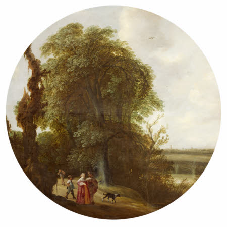 Landscape with Figures walking along a Country Path, a Distant View of Delft beyond