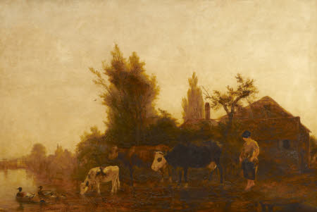 River Scene, Cows and Cowgirl