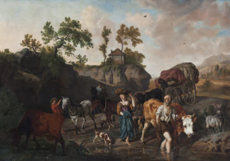 Landscape with an Old Herdsman and Young Market Girl fording a Stream followed by Two ...
