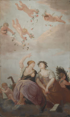 Two Female Figures representing Musical Harmony with Cupids scattering Flowers 