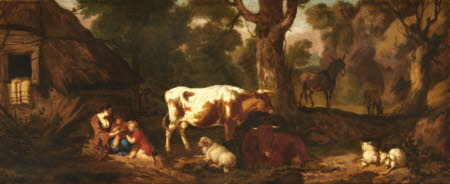 A Mother with Two Children, Two Cows, Sheep, and an Ass, in a Clearing outside a Cottage