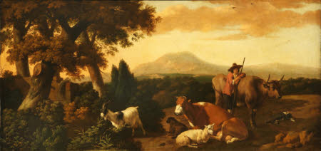Pastoral Scene with Shepherd and a Sheep, Goat and Cows 