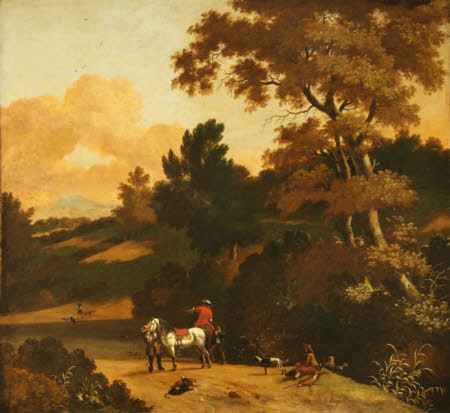 Landscape with Figures, their Horses and Hounds resting on a Road 