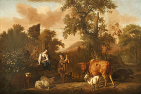 A Landscape with an Antique Tomb with a Ruined Urn, a Herdsboy and Shepherd Girl, Cattle, Sheep, ...