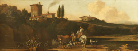 River Landscape with a Tower and Houses on a Hill on the far side, and a Herdsman with Cattle and ...
