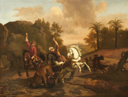 Figures spearing a Lion devouring a Fallen Rider, with a Dead Lion and other Horsemen