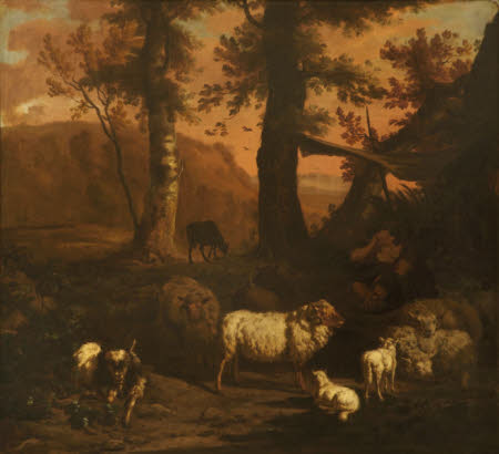 A Landscape with a Shepherd under an Awning surrounded by Sheep and a Goat