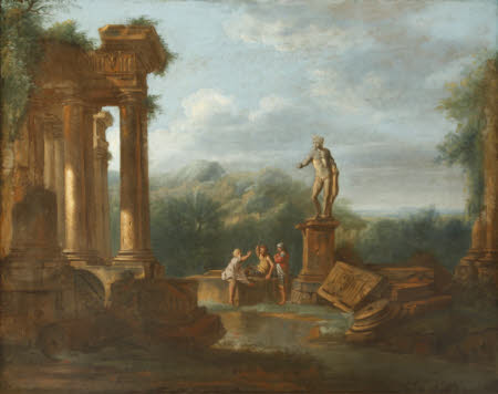 A Capriccio Landscape with Soldiers conversing beneath Classical Ruins