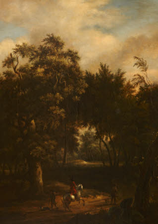 A Wooded Landscape with Rider on a Prancing White Horse 
