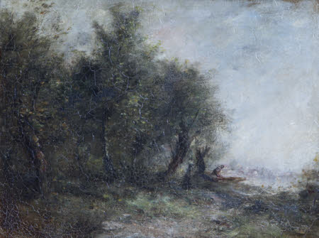 A Riverscape with a Man in a Boat on the River Bank