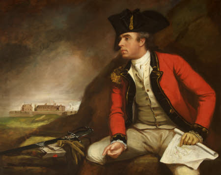 Captain Sir Thomas Hyde Page (1746-1821) holding a Plan of Fort Landguard and seen in the distance