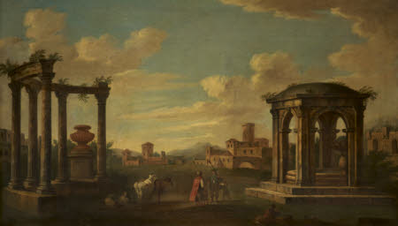 A Vaguely Italianate Landscape with Antique Ruins, Sheep and a Sportsman accosted by a Gypsy and ...