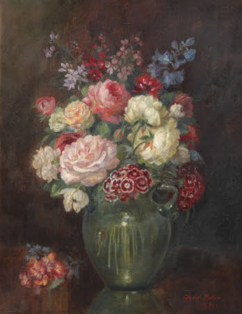 Flowers in Green Glass Jug on a Table