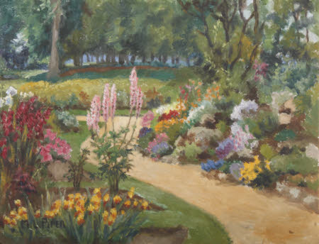 View of a Garden Path with Floral Borders