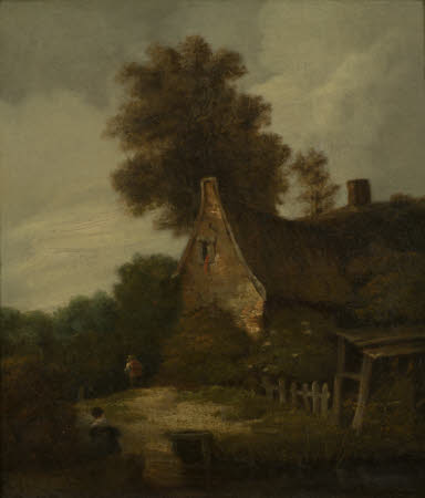A Cottage by a Road with a Stream in the Foreground