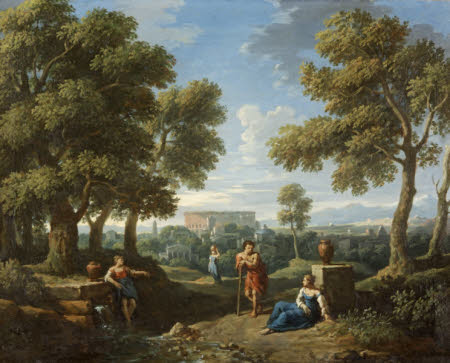 A Classical Landscape, with figures conversing by a Fountain 