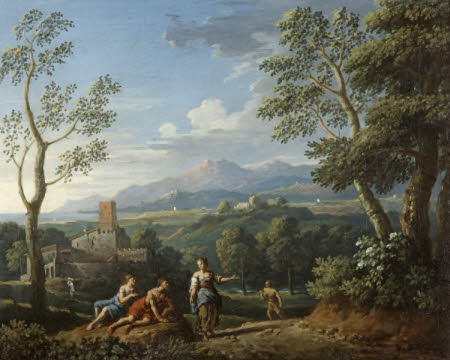 A Classical Landscape with Figures resting by a Road 