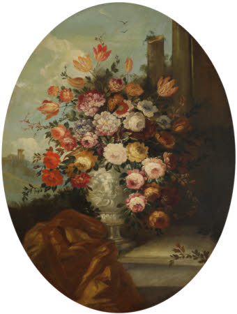 Flowers in a Sculptured Marble Urn with Classical Ruins in the background
